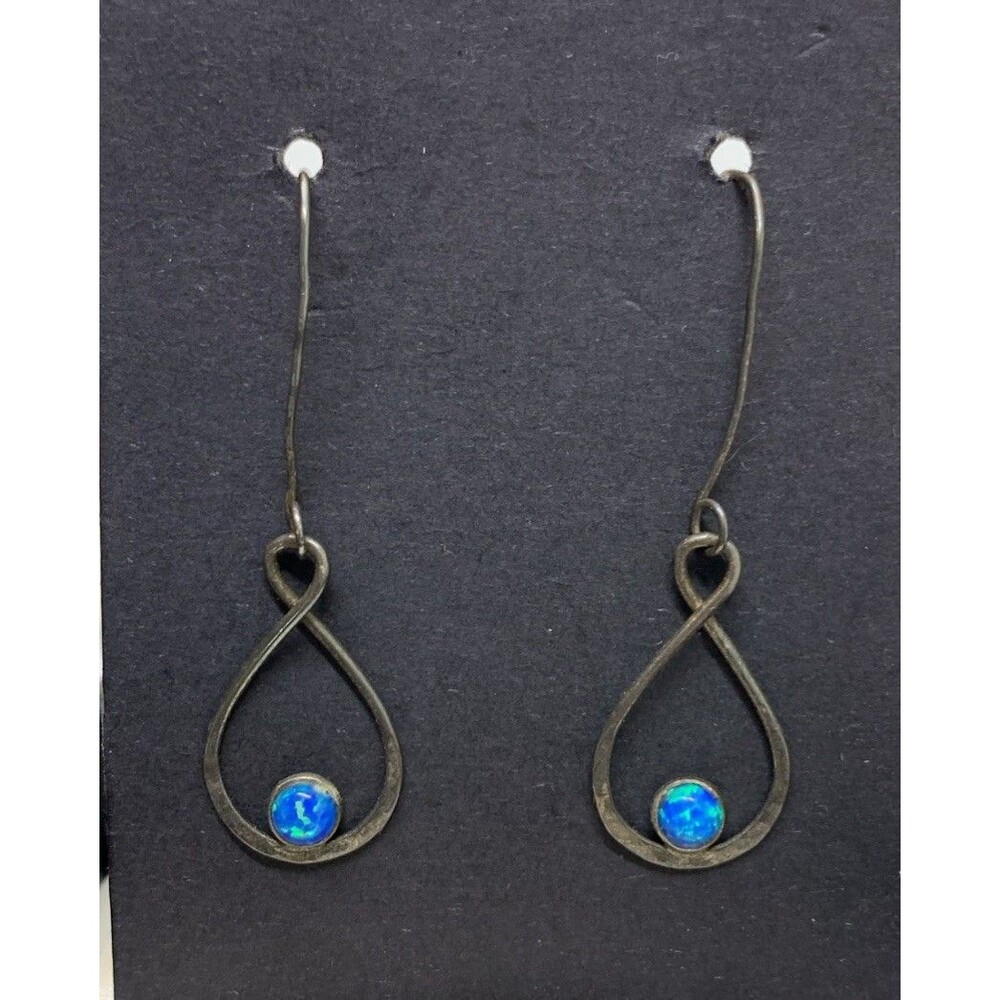 Vintage Artisan Sterling Silver Earrings Blue Opal Dangle Drop
